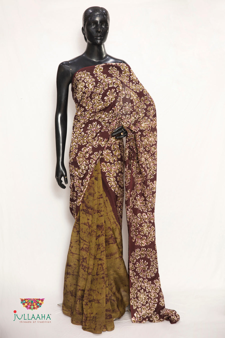 Exquisite Brown & Green Batik on Soft  Silk -to bring out the timeless look in you