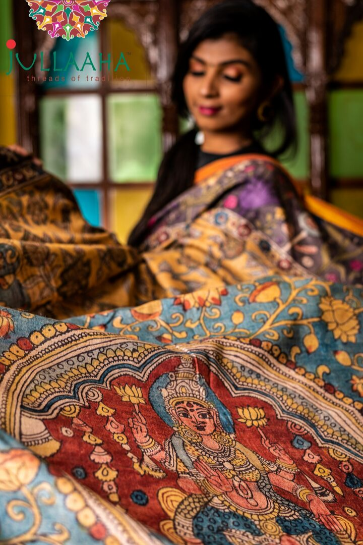 Georgeous Hand Painted Signature Kalamkari With Lakshmi Design And Golden Border Attached