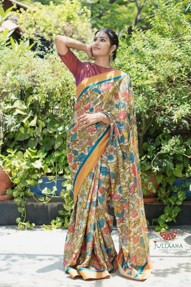 Satin Silk Kalamkari Saree - Multicolour