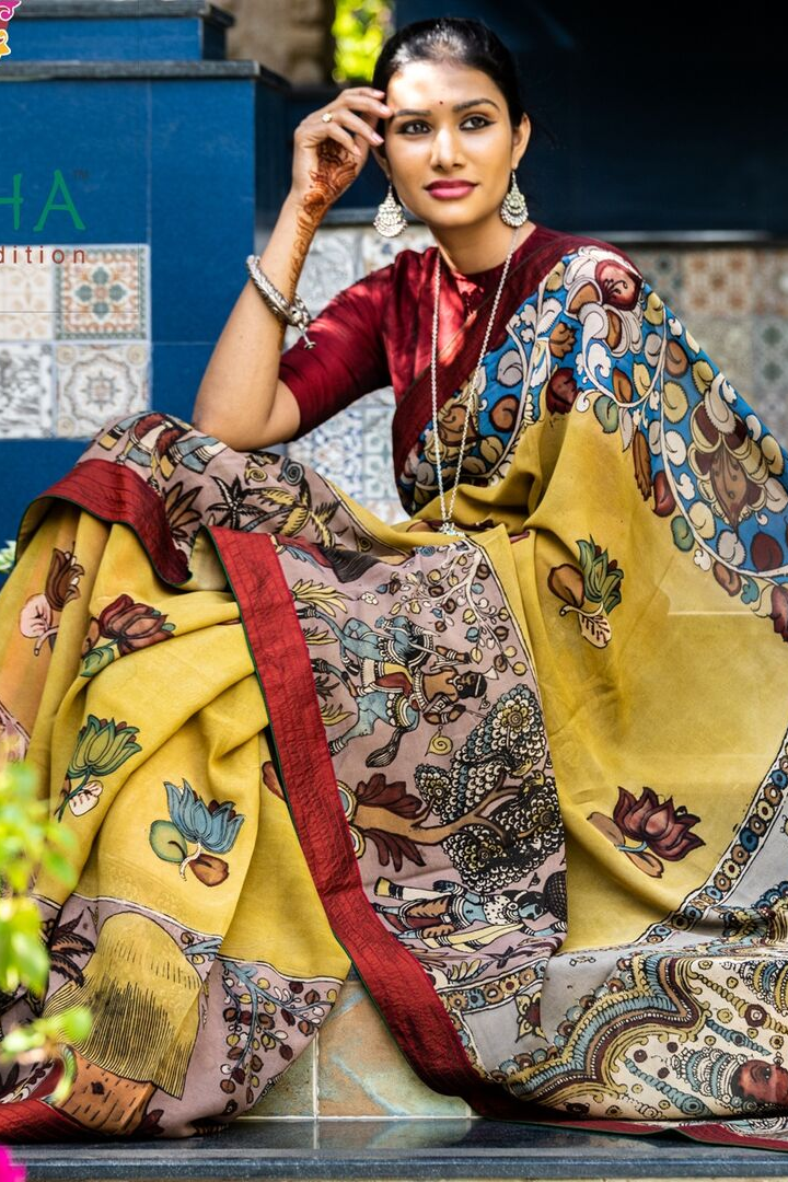 Georgeous Hand Painted Signature Kalamkari with Floral Design Yellow and Multicolor
