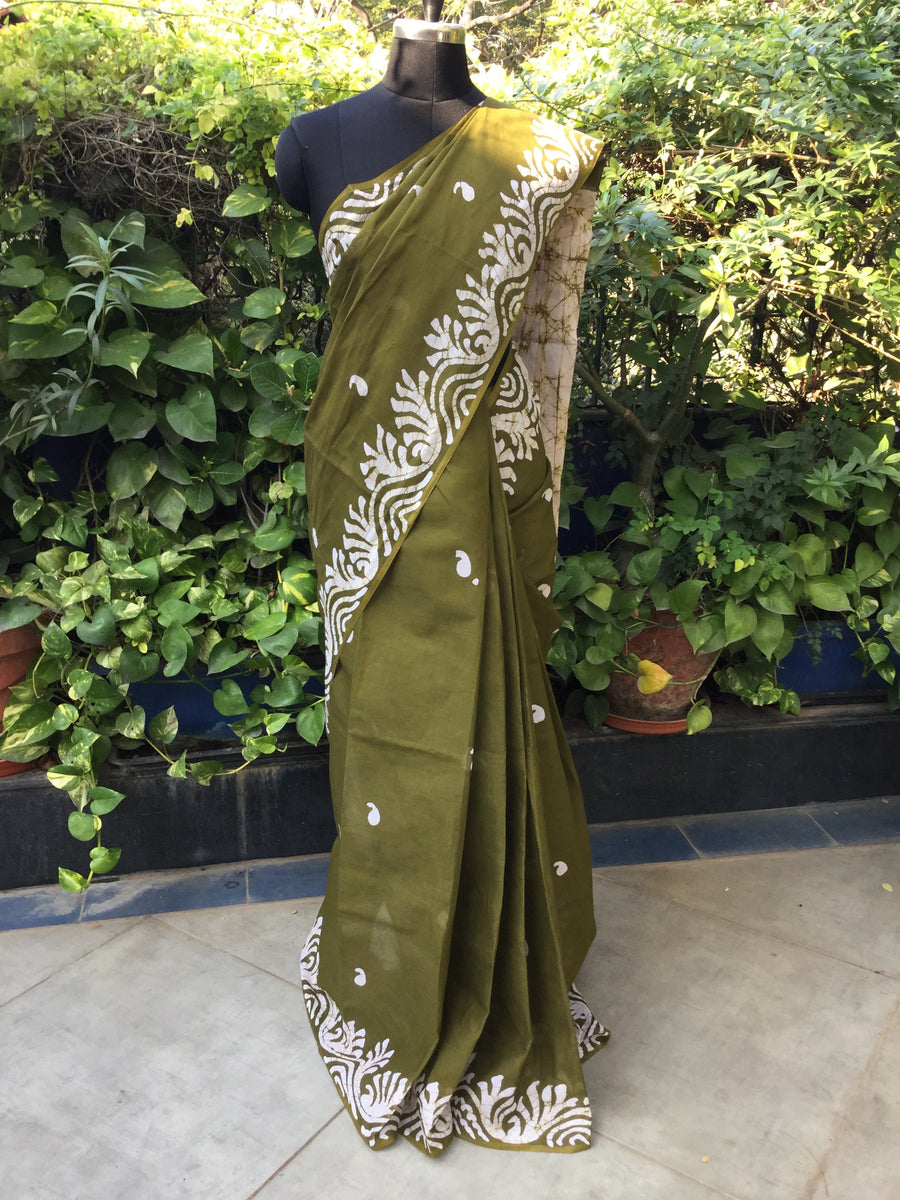Exquisite Mehndi Green   with White Batik Design on Cotton -to bring out the timeless look in you