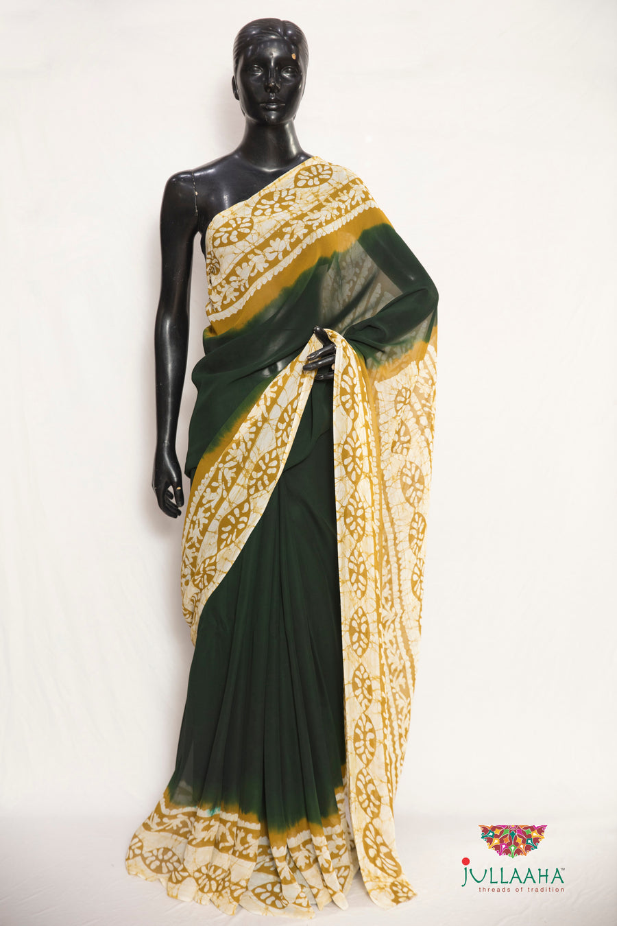 Exquisite Bottle Green with Jute Hand Batik on Georgette -to bring out the timeless look in you
