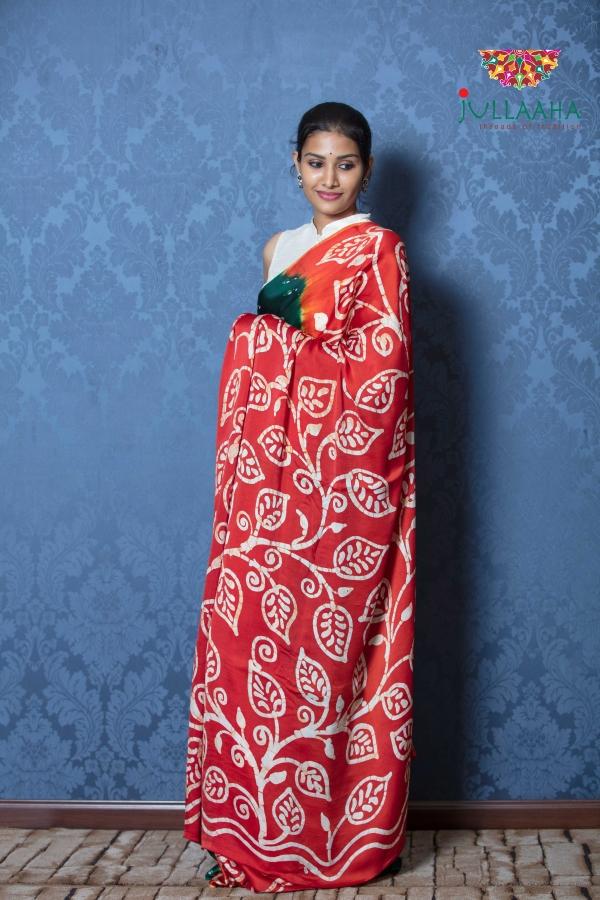 Exquisite Red and Green Batik Design on soft silk-to bring out the timeless look in you