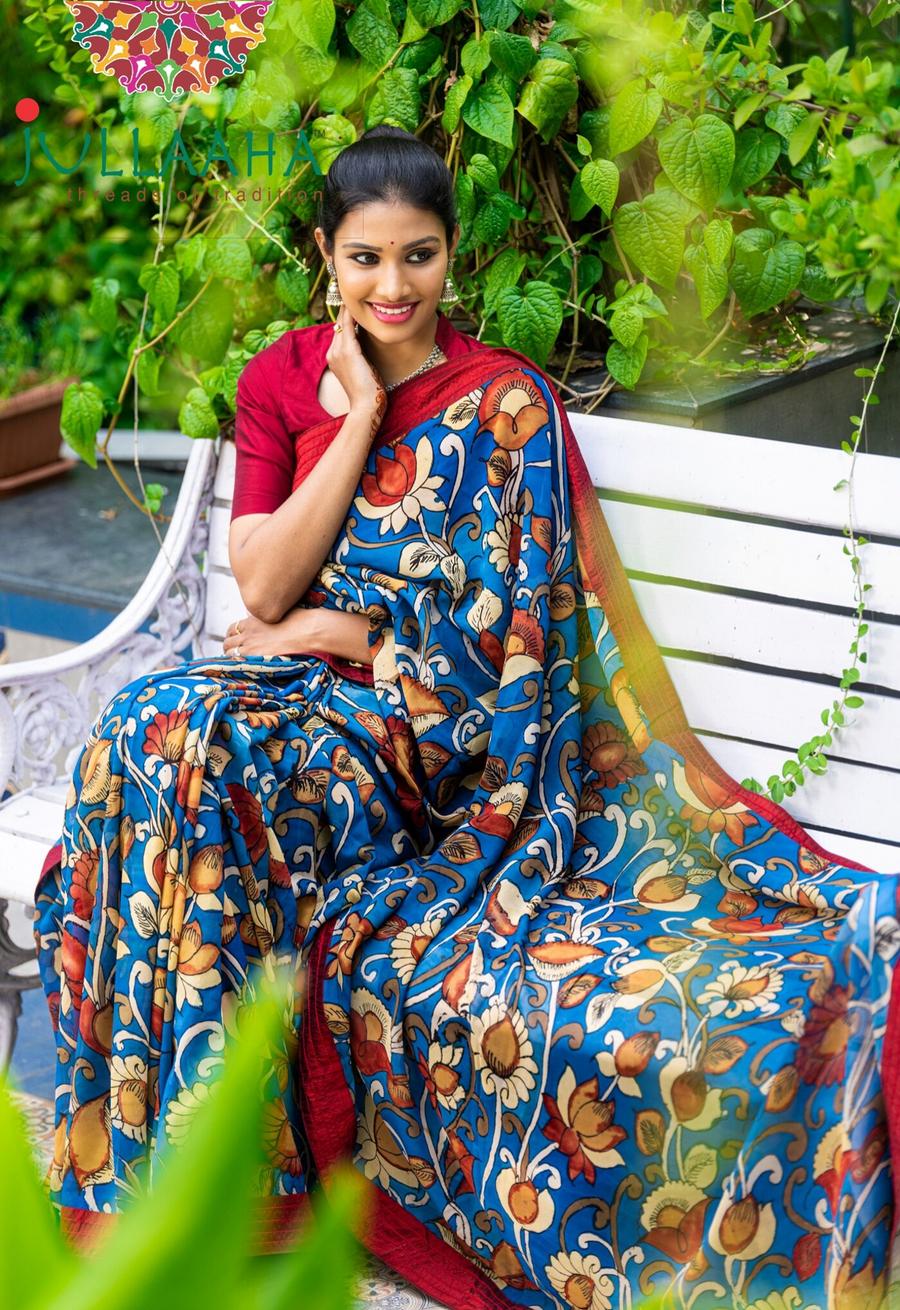 Georgeous Hand Painted Signature Kalamkari With Floral Motifs All Over And Silk Border Attached