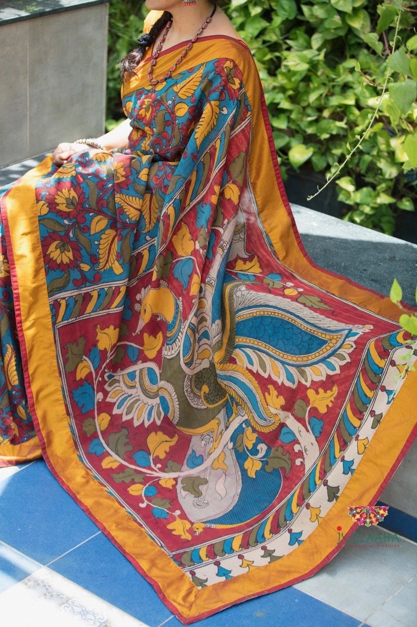 Georgette Kalamkari Saree - Multi colour Lotus Design