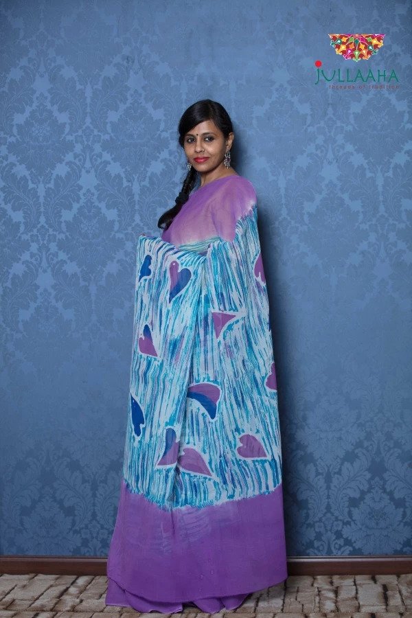Exquisite Blue and Purple Hand Painted Batik on Georgette -to bring out the timeless look in you