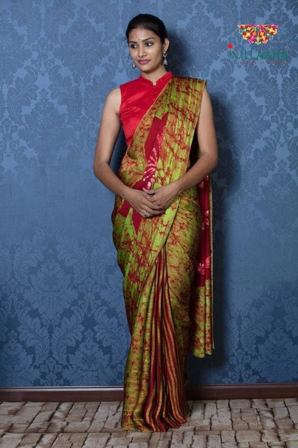 Exquisite Red with Green Hand Painted Batik on Satin Silk -to bring out the timeless look in you