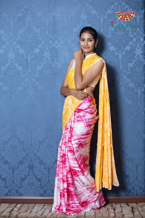 Exquisite Pink with Yellow Hand Painted Batik on Satin Silk -to bring out the timeless look in you