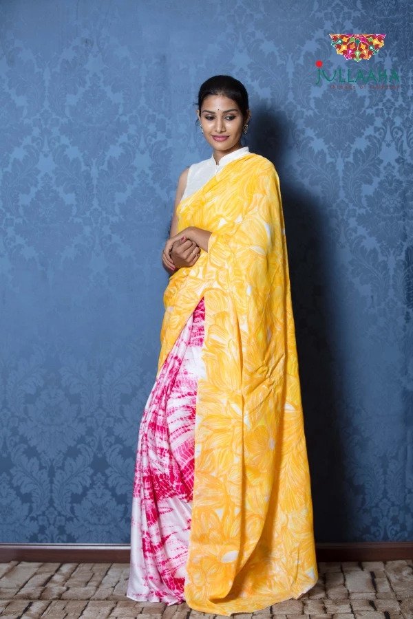 Exquisite Pink with Yellow Hand Painted Batik on Satin Silk -to bring out the timeless look in you