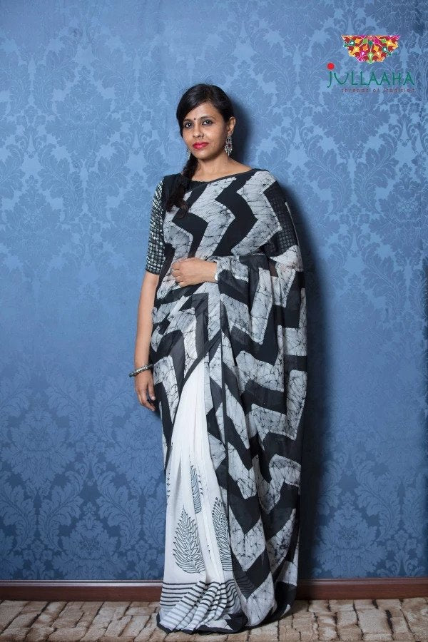 Exquisite Black & White Zig-Zag Hand Painted Batik on Georgette -to bring out the timeless look in you