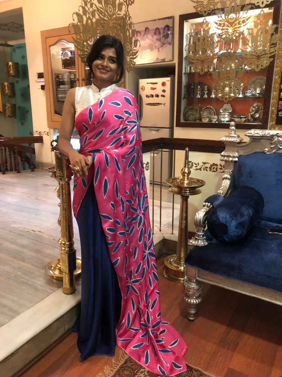Exquisite Navy Blue with Pink Hand Painted Batik on Satin Silk -to bring out the timeless look in you